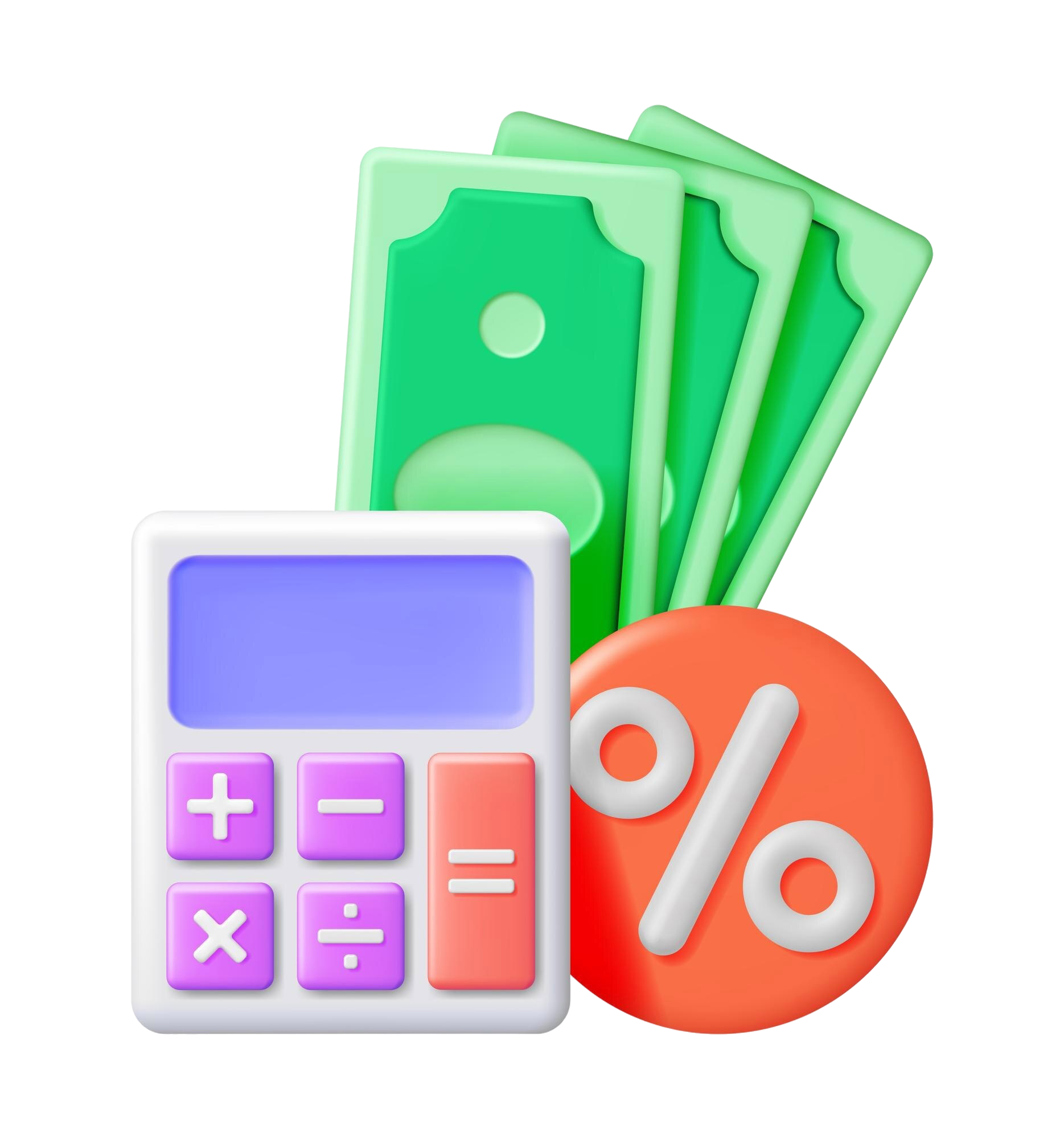 Icône 3D calculatrice, billets et symbole pourcentage illustrant le calcul du Crédit Impôt Innovation à 20% sur les dépenses d'innovation des PME