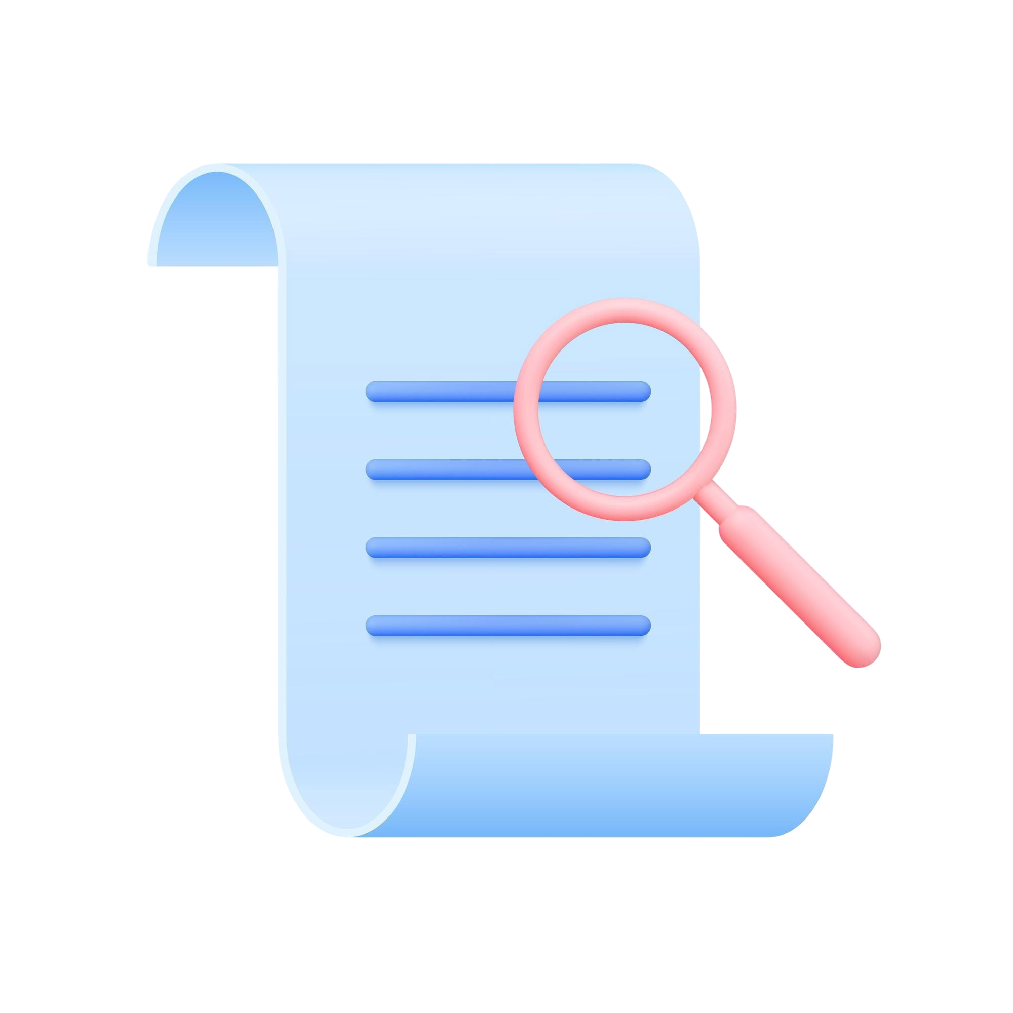 Icône 3D document et loupe illustrant l'analyse des critères d'éligibilité au Crédit Impôt Innovation pour les PME et startups digitales