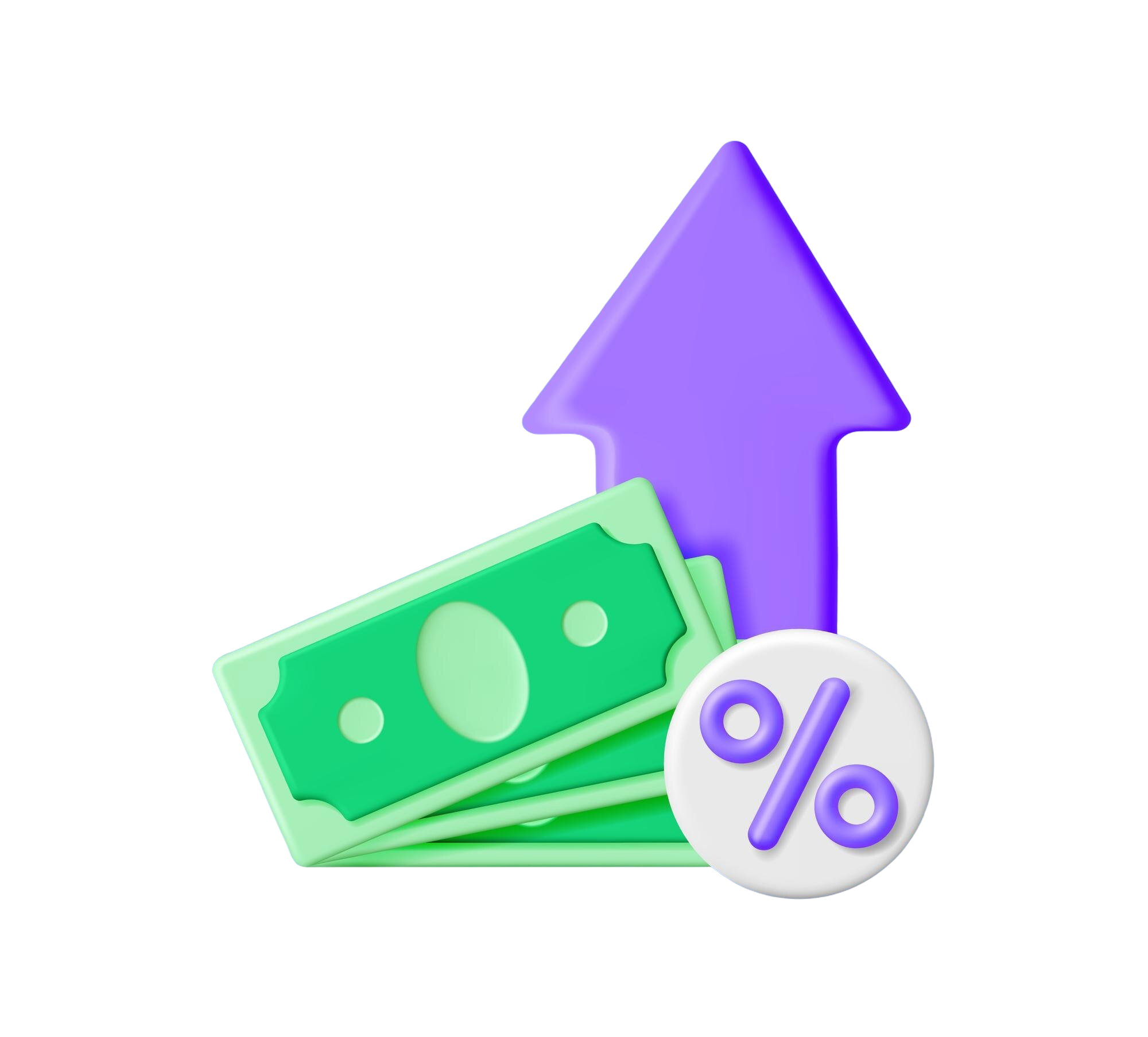 Icône 3D billets, flèche montante et symbole pourcentage illustrant les montants récupérables selon le taux de Crédit Impôt Innovation applicable à la PME