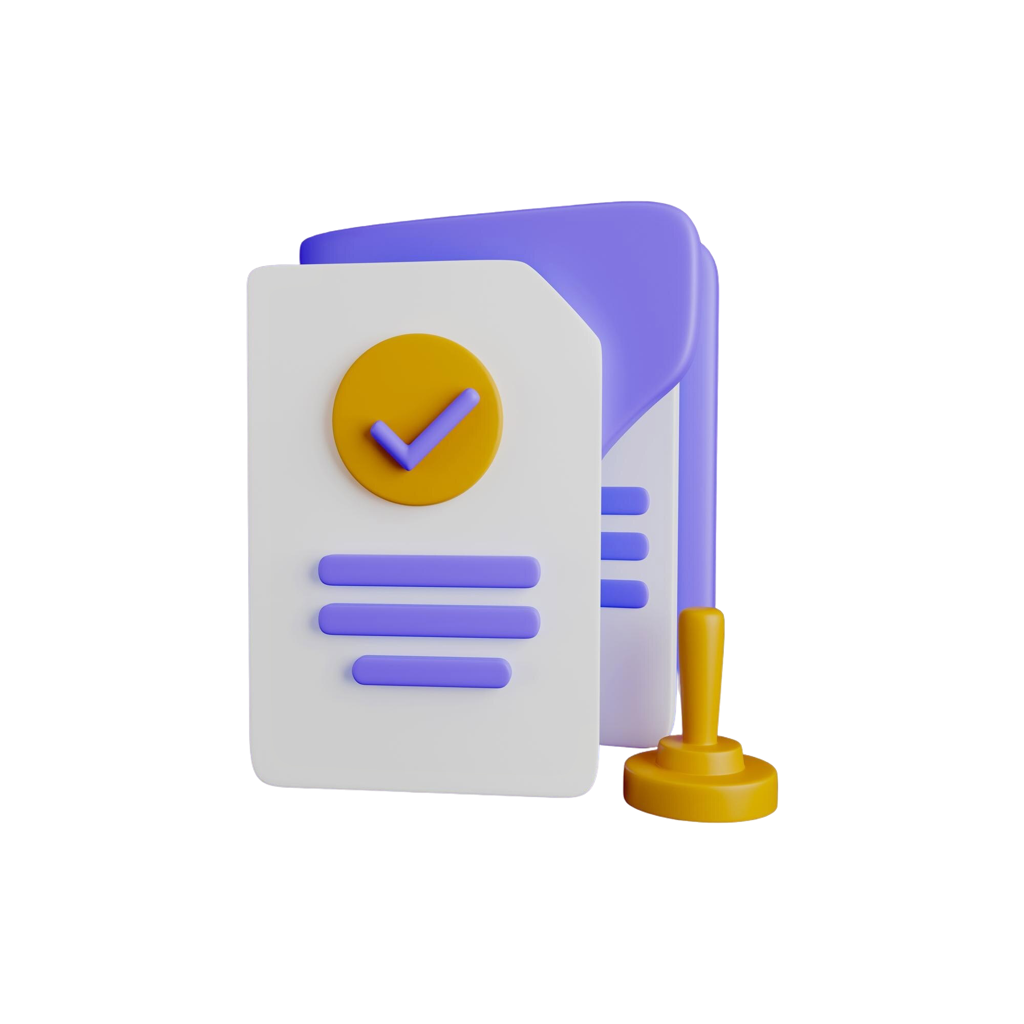 Icône 3D documents approuvés avec tampon et coche illustrant la constitution d'un dossier CII solide et sécurisé par Innofi pour les PME digitales