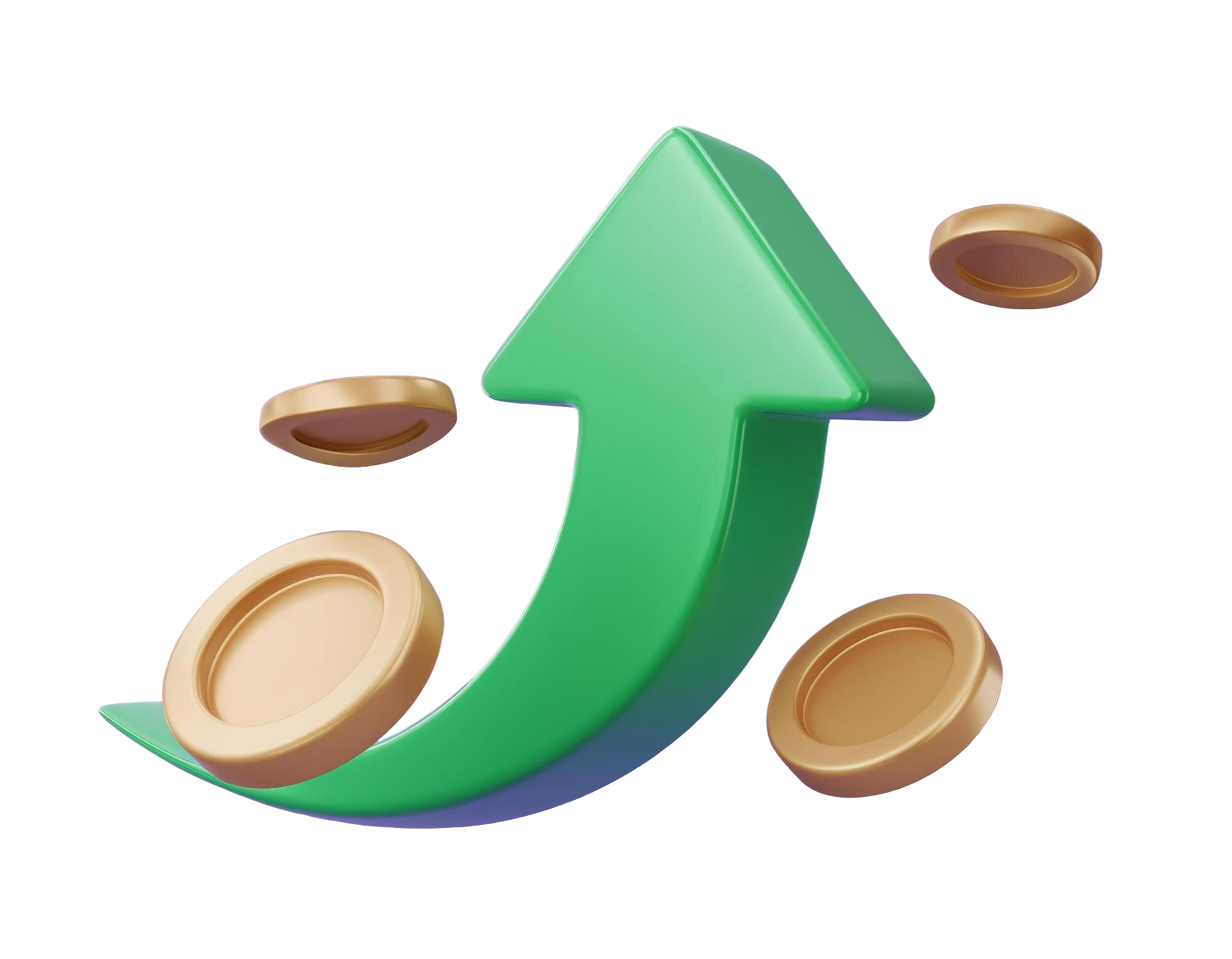 Icône 3D flèche verte montante et pièces illustrant la progression de la capacité d'investissement des PME grâce au Crédit Impôt Innovation